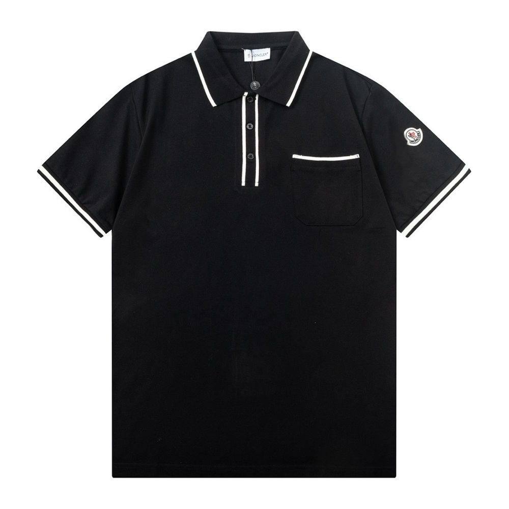 Moncler SS24 Striped Logo Black Polo Shirt